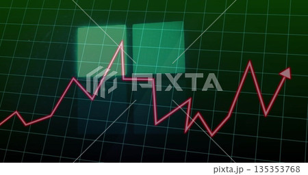 Showing red zigzag line graph ending with arrow tip over grid on dashboard, with display panels Showing red zigzag line graph ending with arrow tip over grid on dashboard, with display panels 135353768