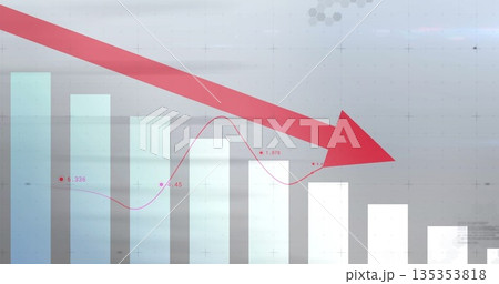 Pointing red diagonal arrow over cyan-grey bars on dashboard, red trendline, grid overlay, hexagons 135353818