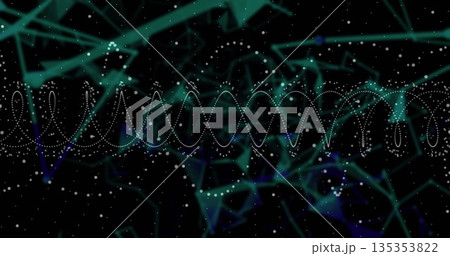 Displaying horizontal dotted sine-wave in virtual space, with polygonal network and luminous points 135353822
