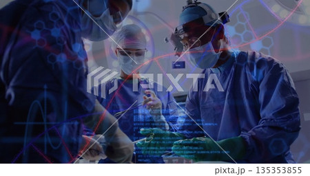 Three surgeons performing surgery in operating room, with holographic DNA overlays and forceps Three surgeons performing surgery in operating room, with holographic DNA overlays and forceps 135353855