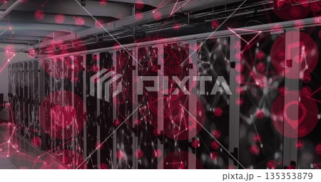 Presenting row of server racks with blinking LEDs in data center corridor, with network overlay 135353879