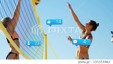 Spiking volleyball player wearing sportswear at beach court with net and overlay icons, copy space Spiking volleyball player wearing sportswear at beach court with net and overlay icons, copy space 135353962