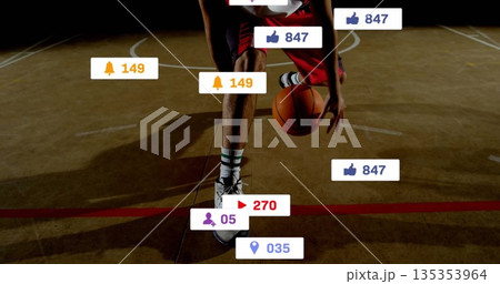 Dribbling male athlete's legs performing dribble on gym court, with basketball and digital icons Dribbling male athlete's legs performing dribble on gym court, with basketball and digital icons 135353964
