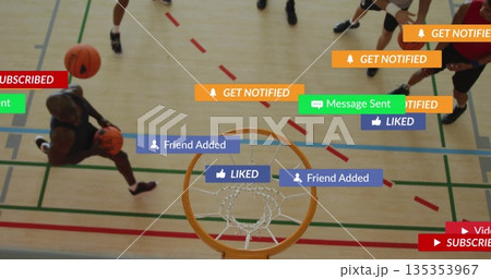 Dribbling male player moving toward hoop on gym court, with basketballs, notification graphics Dribbling male player moving toward hoop on gym court, with basketballs, notification graphics 135353967
