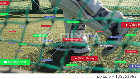 Stepping feet in gray sweats, white shoes moving on turf field near netting, with notifications Stepping feet in gray sweats, white shoes moving on turf field near netting, with notifications 135353968