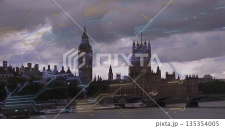 Showing Palace of Westminster, Elizabeth Tower rising above River Thames bank, with circuit overlay Showing Palace of Westminster, Elizabeth Tower rising above River Thames bank, with circuit overlay 135354005
