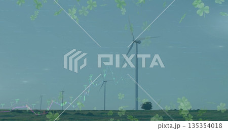Displaying large wind turbine rotating on grassy plain, showing candlestick chart and leaf overlays Displaying large wind turbine rotating on grassy plain, showing candlestick chart and leaf overlays 135354018
