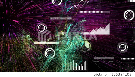 Swirling particle cloud forming in digital interface, with gauge dials, bar chart, numeric readout 135354103