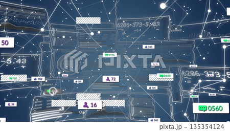 Displaying digital network view filling frame in data dashboard, with user icons, chat counters Displaying digital network view filling frame in data dashboard, with user icons, chat counters 135354124