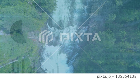 Flowing river-waterfall carving gorge in fir trees from aerial view, with grid overlay and charts 135354138