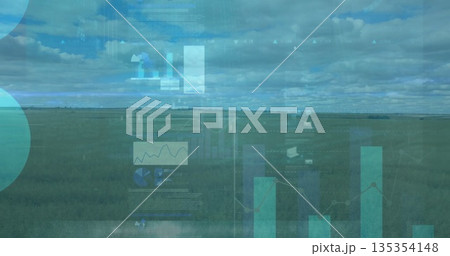 Displaying grassland plain stretching to cloudy sky, with clear bar, line and pie chart overlays Displaying grassland plain stretching to cloudy sky, with clear bar, line and pie chart overlays 135354148