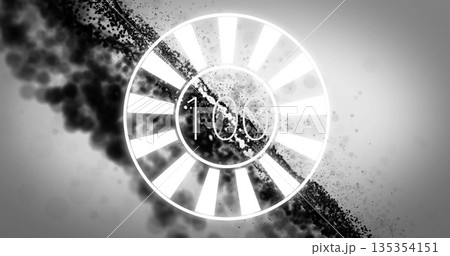 Displaying circular countdown timer at 100 in digital art, with segmented rings, black smoke cloud 135354151