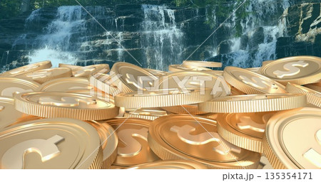 Pile of shiny golden coins sitting in forest waterfall scene, with cascading water backdrop 135354171