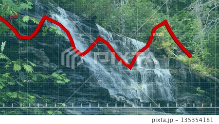Cascading multi-tiered waterfall displaying grid overlay with red line graph in forest ravine 135354181