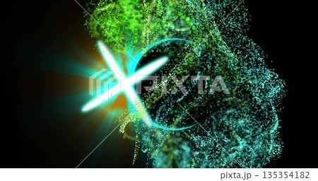 Radiating turquoise cross-shaped light source glowing in digital void with particle cloud and ring Radiating turquoise cross-shaped light source glowing in digital void with particle cloud and ring 135354182