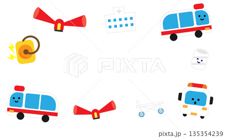 救急車と医療アイテムが配置されたかわいいフレームイラスト 135354239