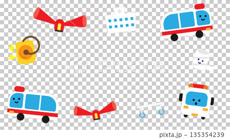 可愛的邊框插圖，配有救護車和醫療用品。 135354239