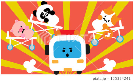 出動する救急車と担架の動物たちのかわいいイラスト 135354241