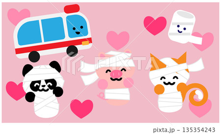 包帯を巻いた動物たちと救急車のかわいい医療イラスト 135354243