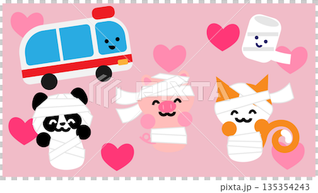 可愛的醫學插圖，描繪了纏著繃帶的動物和一輛救護車。 135354243