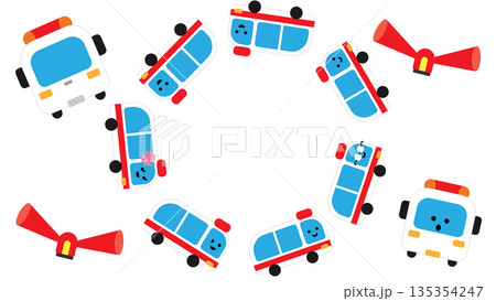 くるくる並んだ救急車のかわいいキャラクターイラスト 135354247