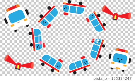 くるくる並んだ救急車のかわいいキャラクターイラスト 135354247