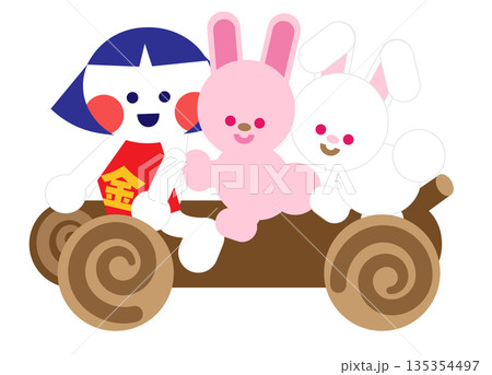 丸太に乗る金太郎とうさぎたちのかわいい昔話イラスト 135354497