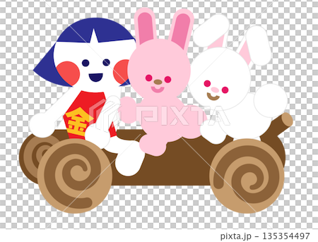 丸太に乗る金太郎とうさぎたちのかわいい昔話イラスト 135354497