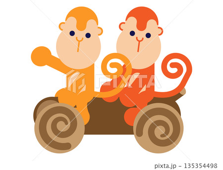 丸太に乗ったさるのかわいい昔話風キャラクターイラスト 丸太に乗ったさるのかわいい昔話風キャラクターイラスト 135354498