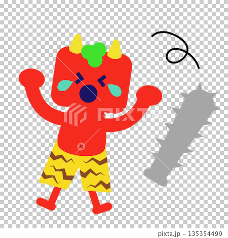 一幅可愛的童話人物插畫，描繪了一個揮舞著帶刺木棍的紅色惡魔。 135354499