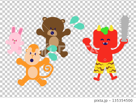 可愛的童話人物插畫，描繪了惡魔和動物彼此對峙的場景。 135354500