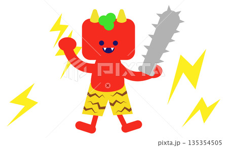 雷とトゲ棒を持つ赤鬼のかわいい昔話キャラクターイラスト 135354505