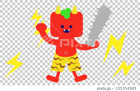 雷とトゲ棒を持つ赤鬼のかわいい昔話キャラクターイラスト 135354505