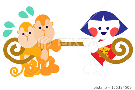 綱引きをする金太郎とさるのかわいい昔話イラスト 135354509
