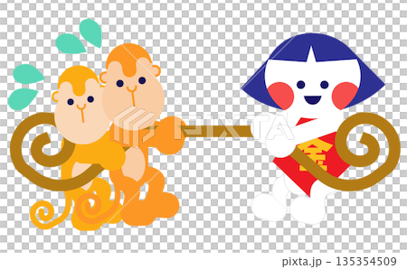 綱引きをする金太郎とさるのかわいい昔話イラスト 135354509