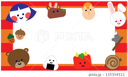 金太郎と昔話の仲間たちが囲むかわいいフレームイラスト 135354511