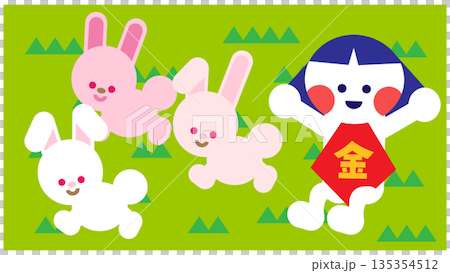 一幅可愛的童話插畫,描繪了金太郎和兔子們一起奔跑的場景。 一幅可愛的童話插畫,描繪了金太郎和兔子們一起奔跑的場景。 135354512