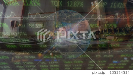 Standing male traveler holding rolling suitcase at gate near windows with stock ticker overlay Standing male traveler holding rolling suitcase at gate near windows with stock ticker overlay 135354534