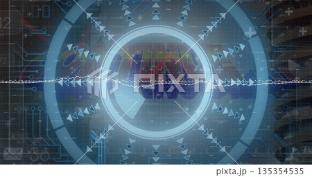 Displaying glowing central circular element within HUD, with triangular arrow icons and waveform 135354535