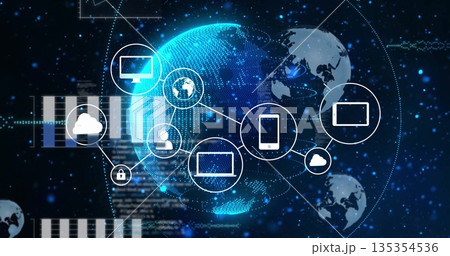 Showing digital globe rotating in cyberspace, featuring device, cloud, padlock and user icons 135354536