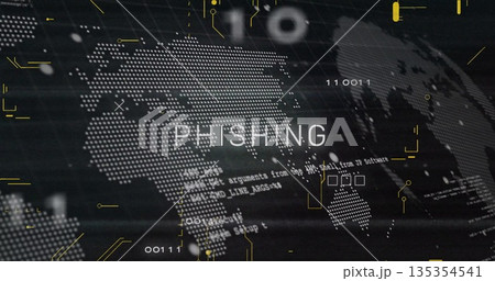 Displaying bold PHISHING text overlaying digital grid, with binary digits and circuit UI Displaying bold PHISHING text overlaying digital grid, with binary digits and circuit UI 135354541