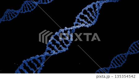 Spinning central DNA helix floating in molecular space, with glowing particle specks, blue strands 135354542