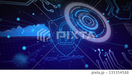 Projecting glowing shield outline securing virtual data grid interface, with circular HUD element Projecting glowing shield outline securing virtual data grid interface, with circular HUD element 135354588