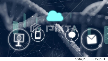 Floating cyan cloud icon over tubular lines, with computer smartphone speech bubble and mail icons Floating cyan cloud icon over tubular lines, with computer smartphone speech bubble and mail icons 135354591