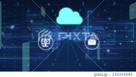 Streaming cloud icon sending data across digital network, with globe monitor and envelope icons Streaming cloud icon sending data across digital network, with globe monitor and envelope icons 135354593