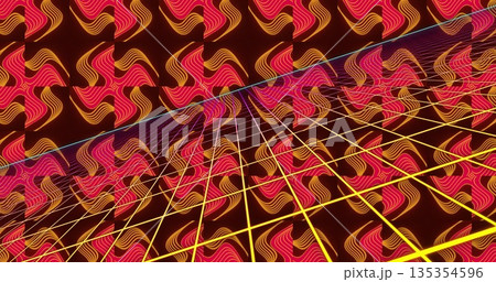 Yellow-white grid plane receding in virtual space, with cyan curve and neon-pink-gold wave tiles Yellow-white grid plane receding in virtual space, with cyan curve and neon-pink-gold wave tiles 135354596
