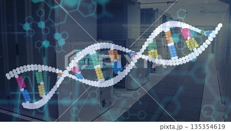 Displaying digital DNA helix floating above data center, with server cabinets and hexagon overlay 135354619