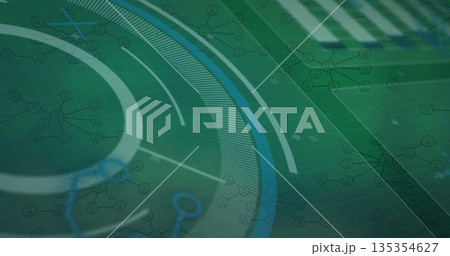 Displaying abstract network graphic in virtual digital interface, with grid pattern and node icons Displaying abstract network graphic in virtual digital interface, with grid pattern and node icons 135354627