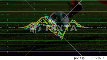 Showing soccer ball resting on grass field, featuring leg wearing red shorts and data overlay 135354634