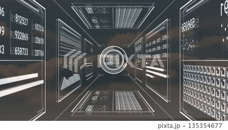 Rotating circular data node displaying numeric values in cloud space, with floating data panels 135354677